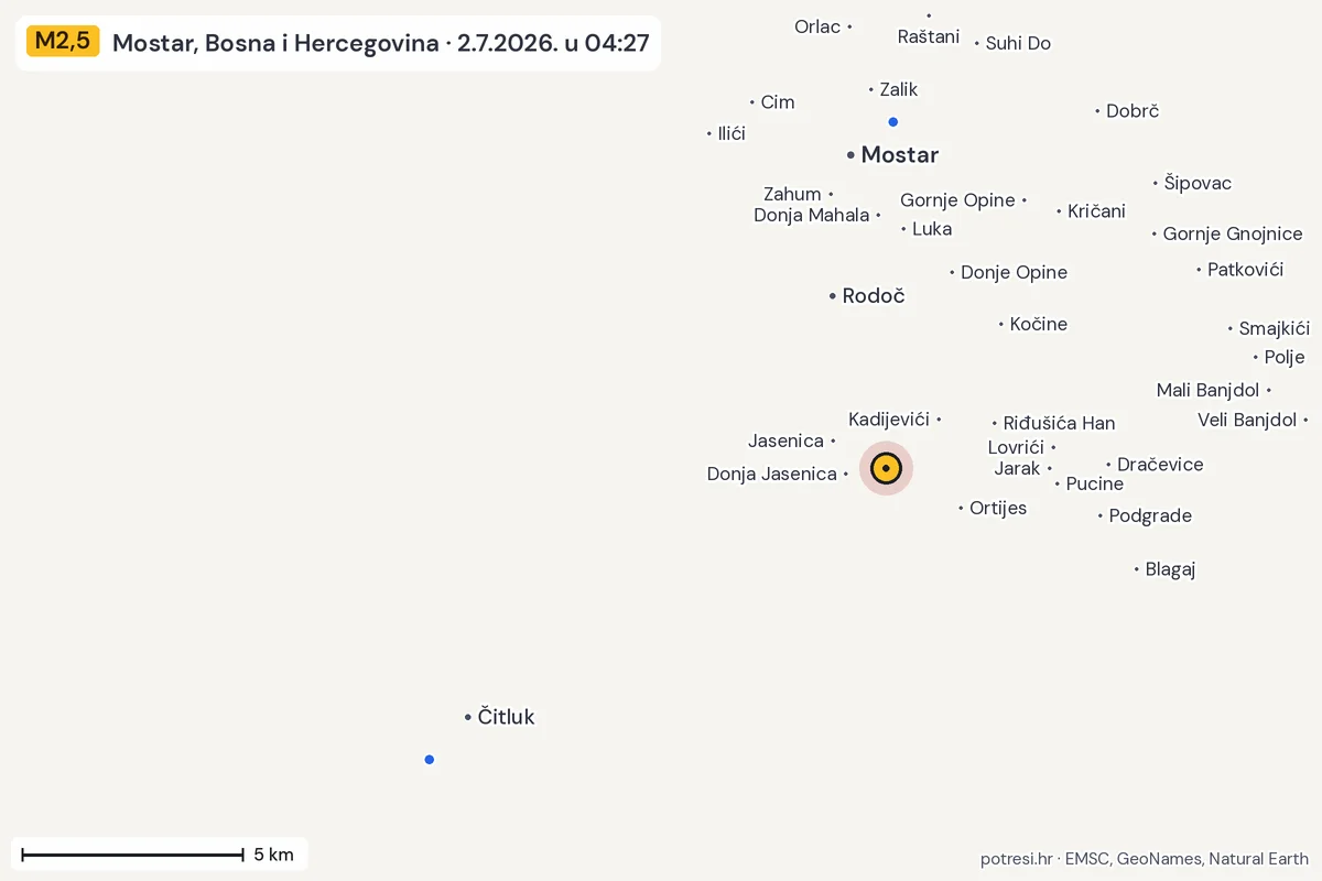 Karta: izvješća građana, potres M2,5, Mostar, Bosna i Hercegovina, 2.7.2026.