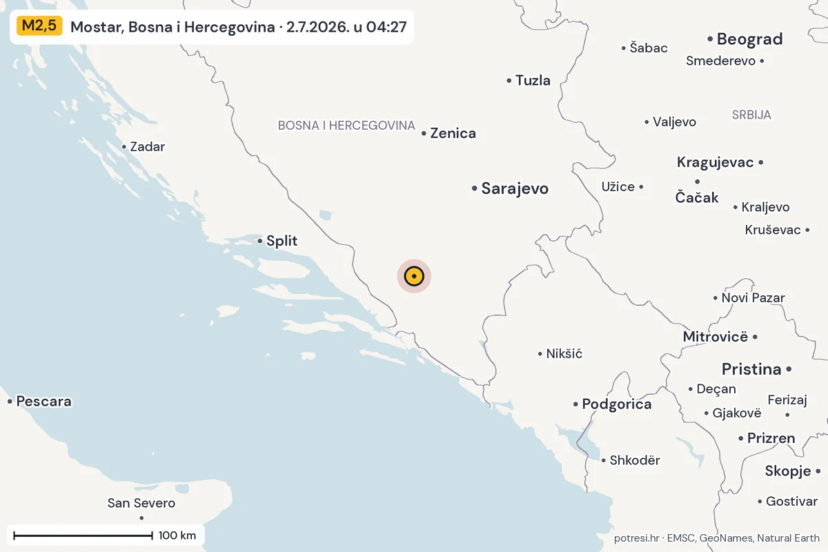 Karta: šire područje, 600 km, potres M2,5, Mostar, Bosna i Hercegovina, 2.7.2026.