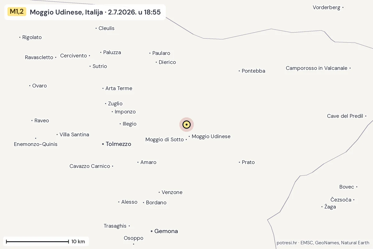 Karta: okolica epicentra, 60 km, potres M1,2, Moggio Udinese, Italija, 2.7.2026.