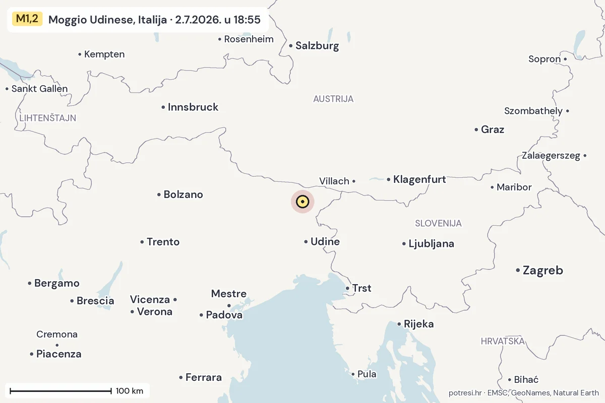 Karta: šire područje, 600 km, potres M1,2, Moggio Udinese, Italija, 2.7.2026.