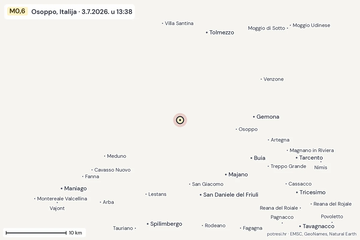 Karta: okolica epicentra, 60 km, potres M0,6, Osoppo, Italija, 3.7.2026.