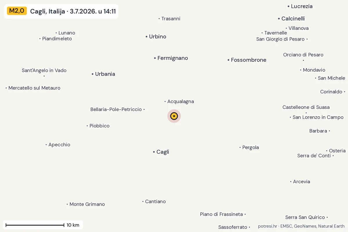 Karta: okolica epicentra, 60 km, potres M2,0, Cagli, Italija, 3.7.2026.