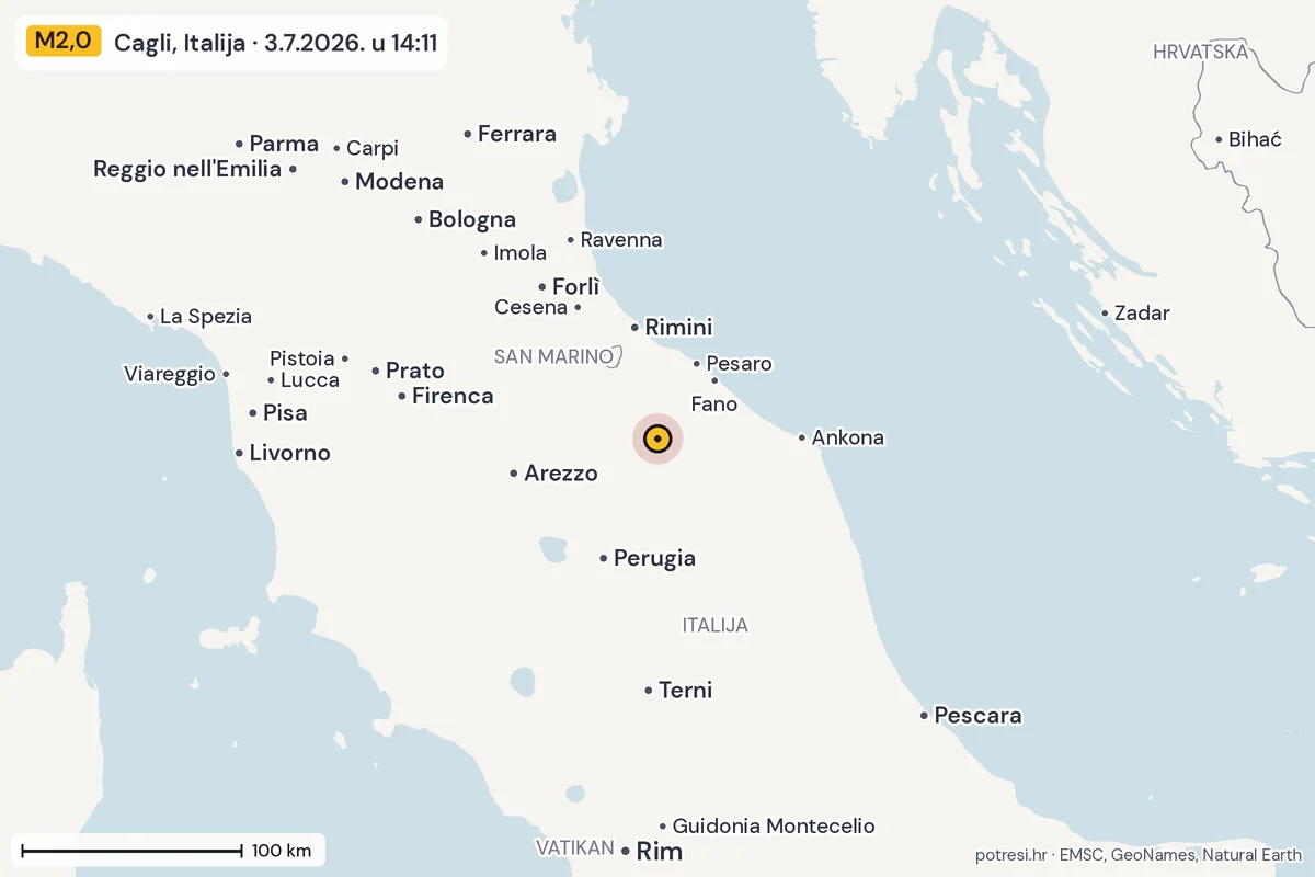 Karta: šire područje, 600 km, potres M2,0, Cagli, Italija, 3.7.2026.