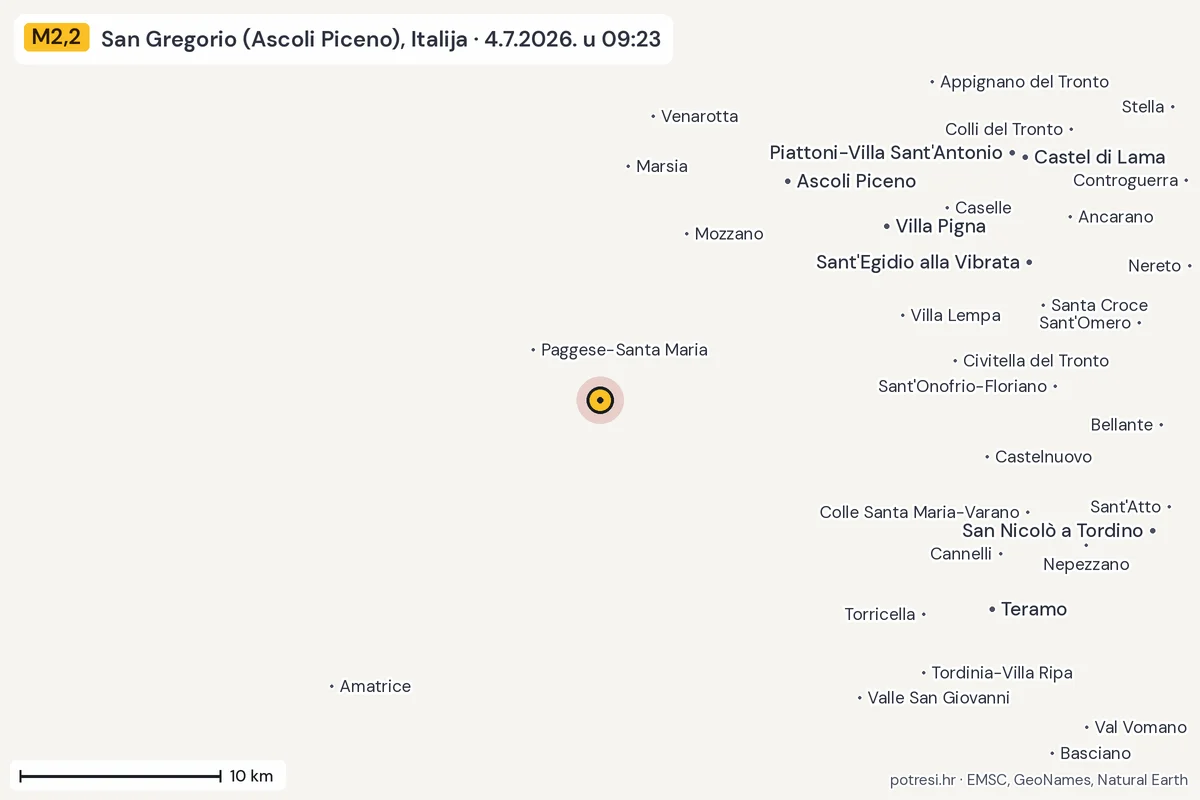 Karta: okolica epicentra, 60 km, potres M2,2, San Gregorio (Ascoli Piceno), Italija, 4.7.2026.