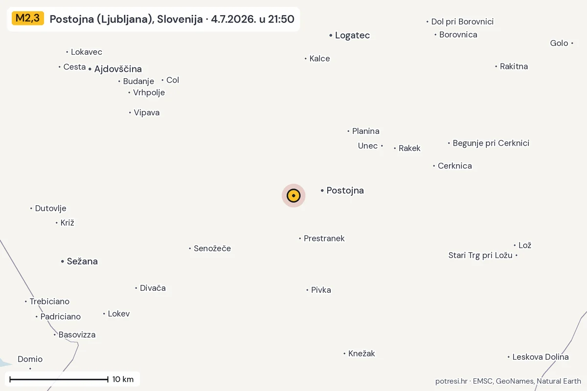 Karta: okolica epicentra, 60 km, potres M2,3, Postojna (Ljubljana), Slovenija, 4.7.2026.