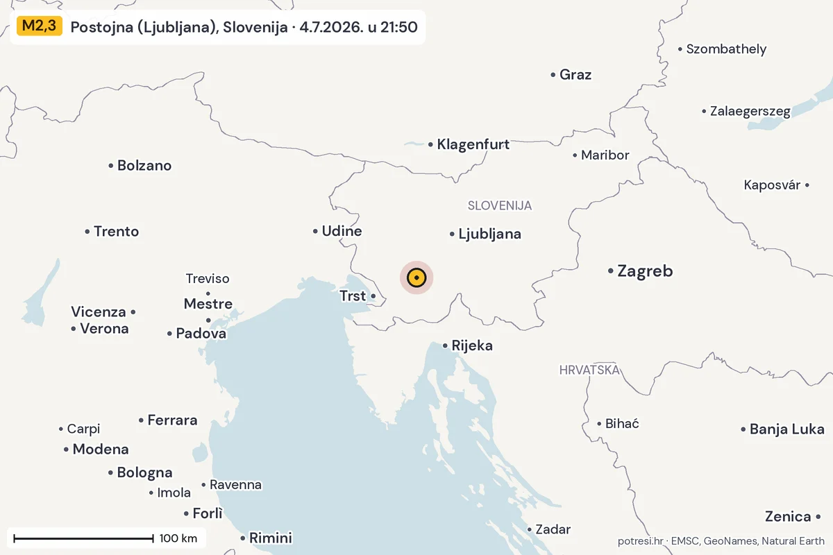 Karta: šire područje, 600 km, potres M2,3, Postojna (Ljubljana), Slovenija, 4.7.2026.
