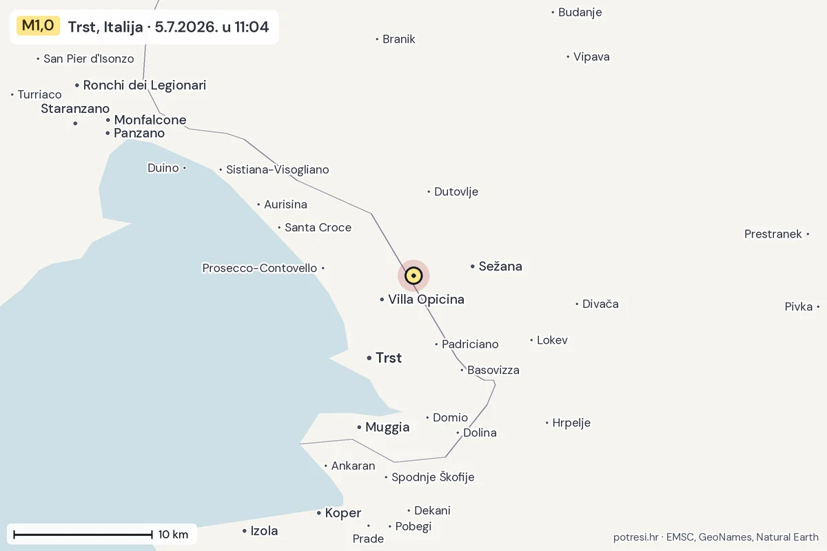 Karta: okolica epicentra, 60 km, potres M1,0, Trst, Italija, 5.7.2026.