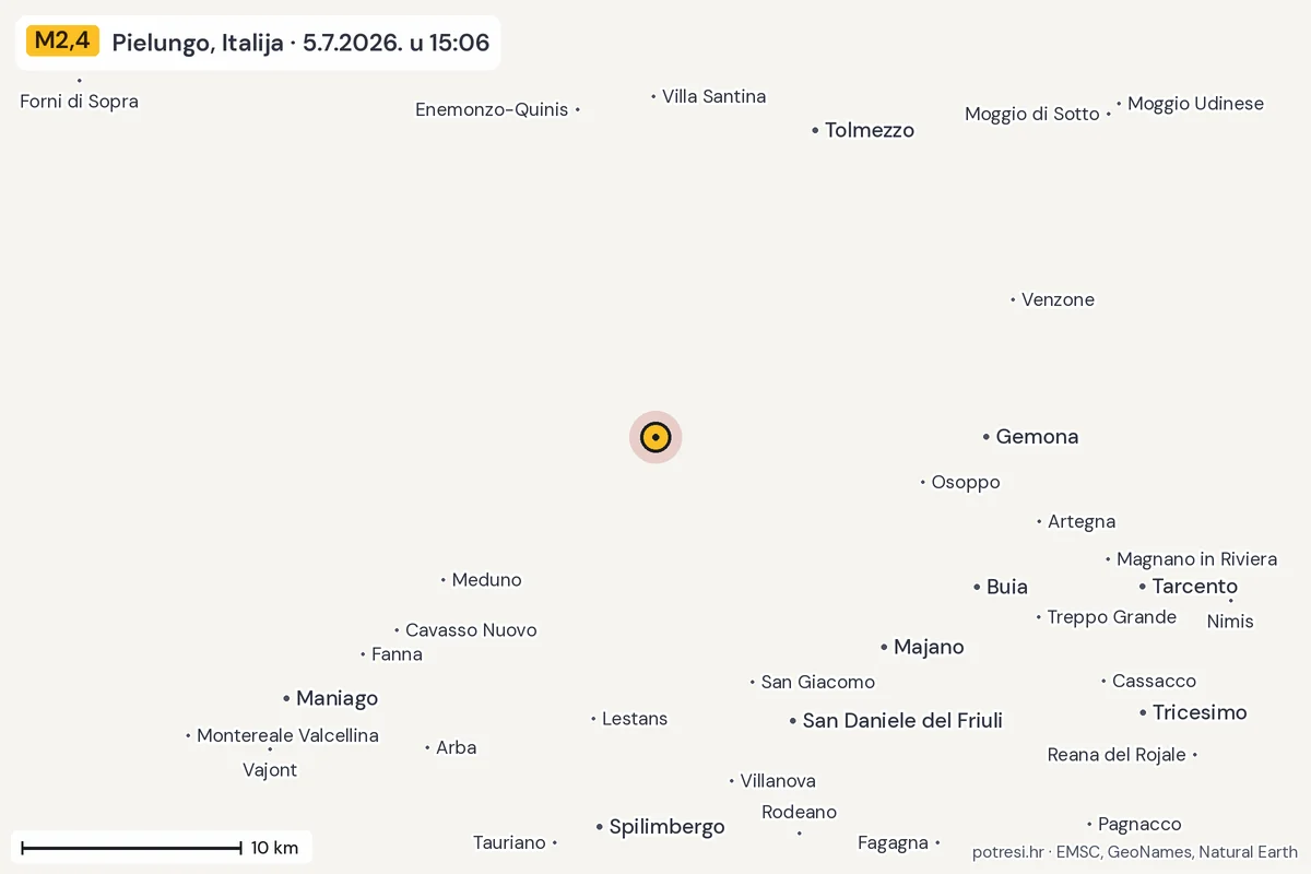 Karta: okolica epicentra, 60 km, potres M2,4, Pielungo, Italija, 5.7.2026.