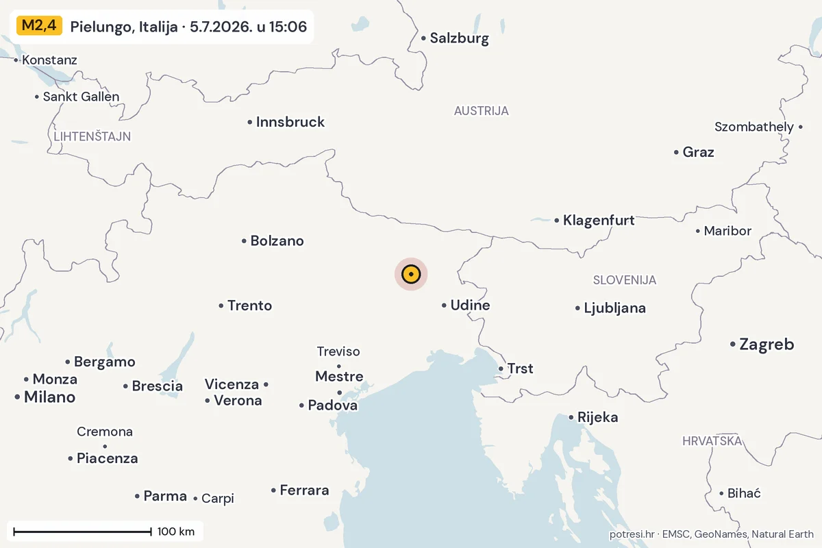Karta: šire područje, 600 km, potres M2,4, Pielungo, Italija, 5.7.2026.