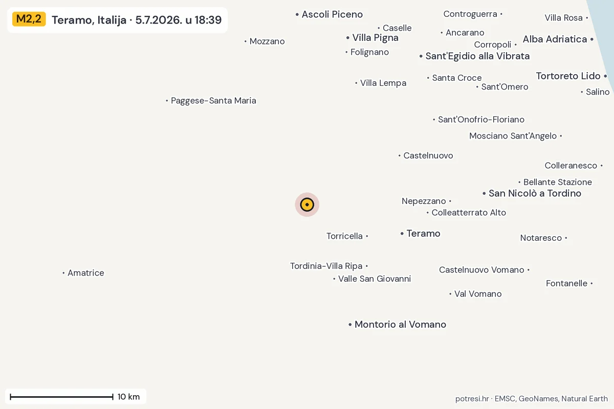 Karta: okolica epicentra, 60 km, potres M2,2, Teramo, Italija, 5.7.2026.