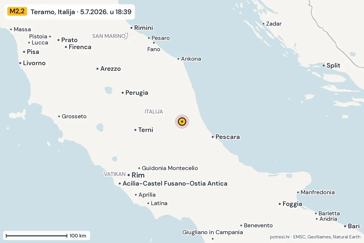 Karta: šire područje, 600 km, potres M2,2, Teramo, Italija, 5.7.2026.
