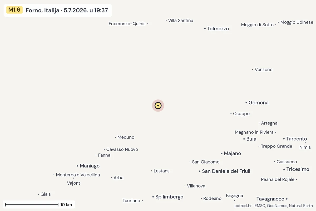 Karta: okolica epicentra, 60 km, potres M1,6, Forno, Italija, 5.7.2026.