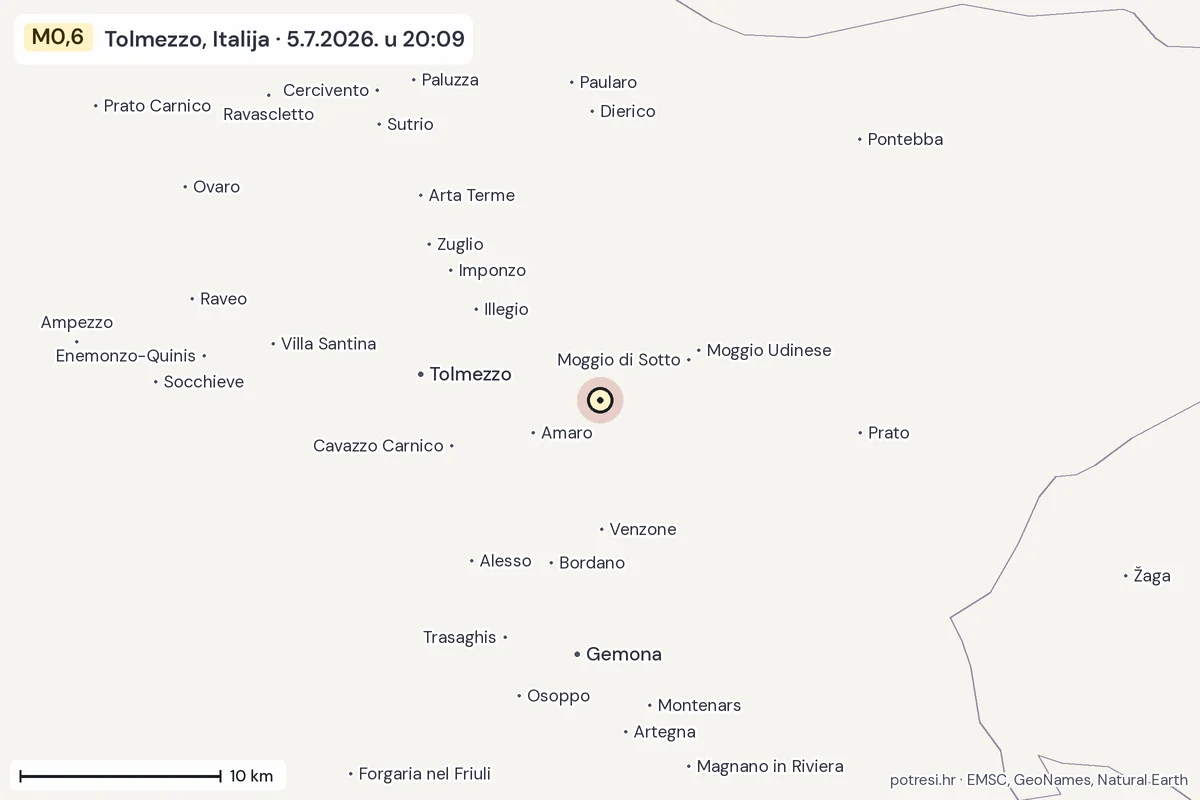 Karta: okolica epicentra, 60 km, potres M0,6, Tolmezzo, Italija, 5.7.2026.