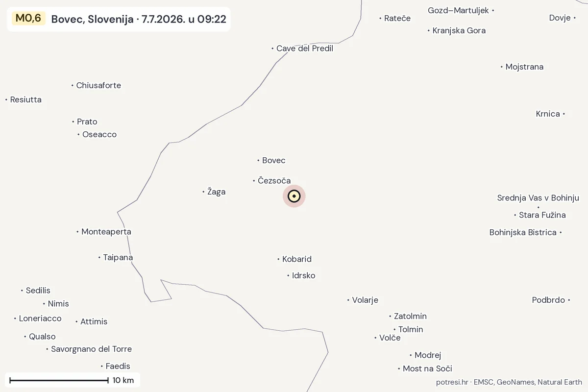 Karta: okolica epicentra, 60 km, potres M0,6, Bovec, Slovenija, 7.7.2026.