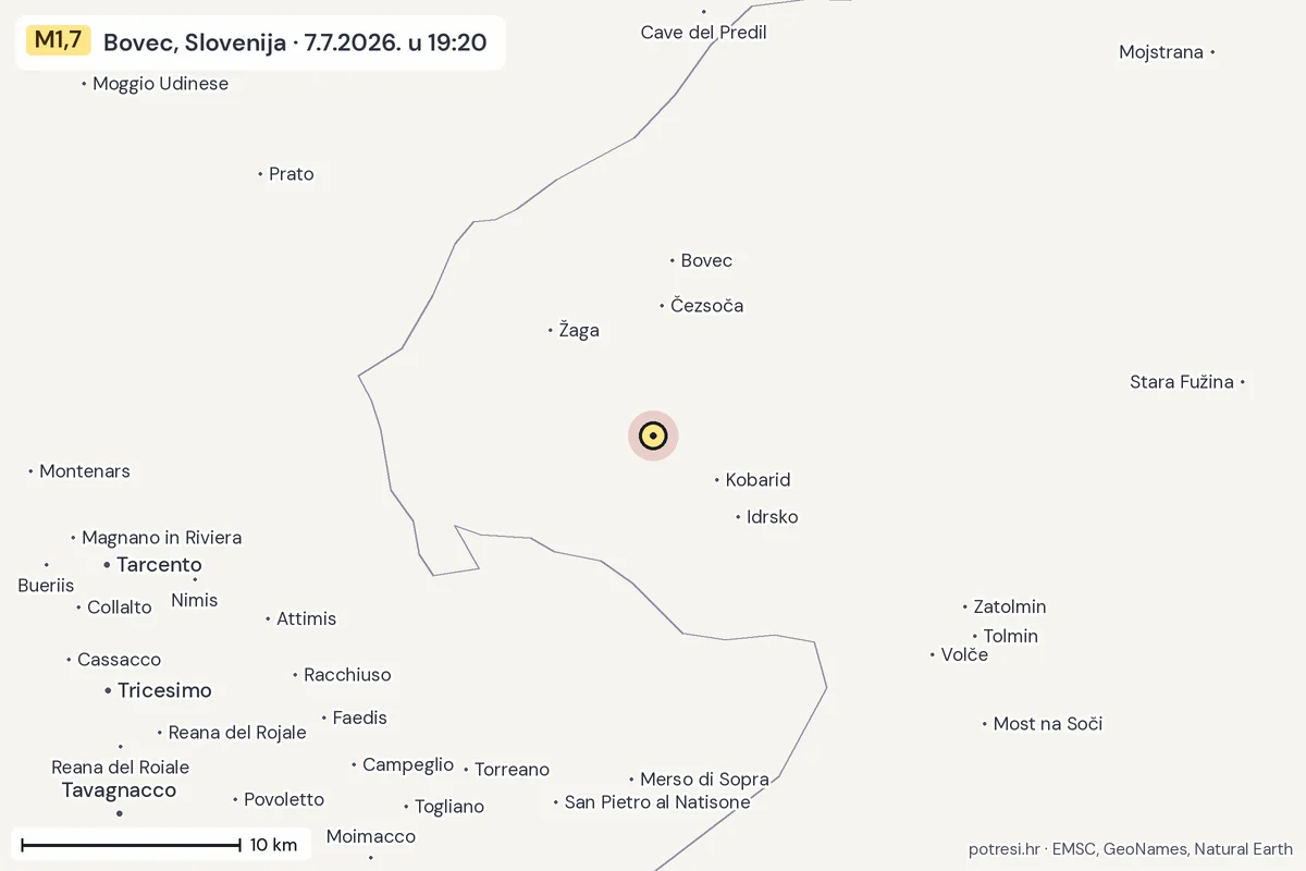 Karta: okolica epicentra, 60 km, potres M1,7, Bovec, Slovenija, 7.7.2026.