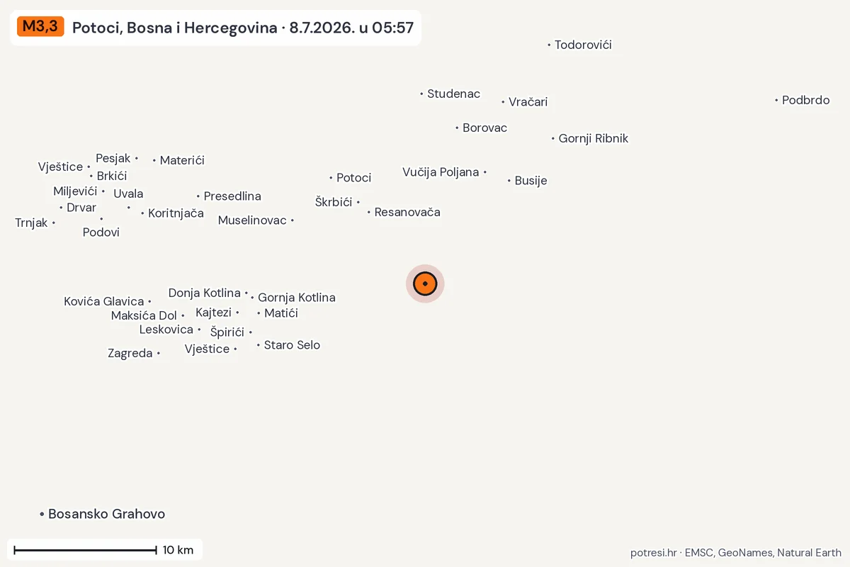 Karta: okolica epicentra, 60 km, potres M3,3, Potoci, Bosna i Hercegovina, 8.7.2026.