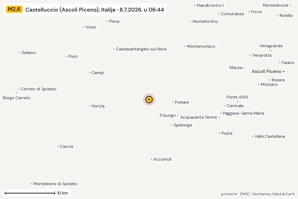 Karta: okolica epicentra, 60 km, potres M2,6, Castelluccio (Ascoli Piceno), Italija, 8.7.2026.