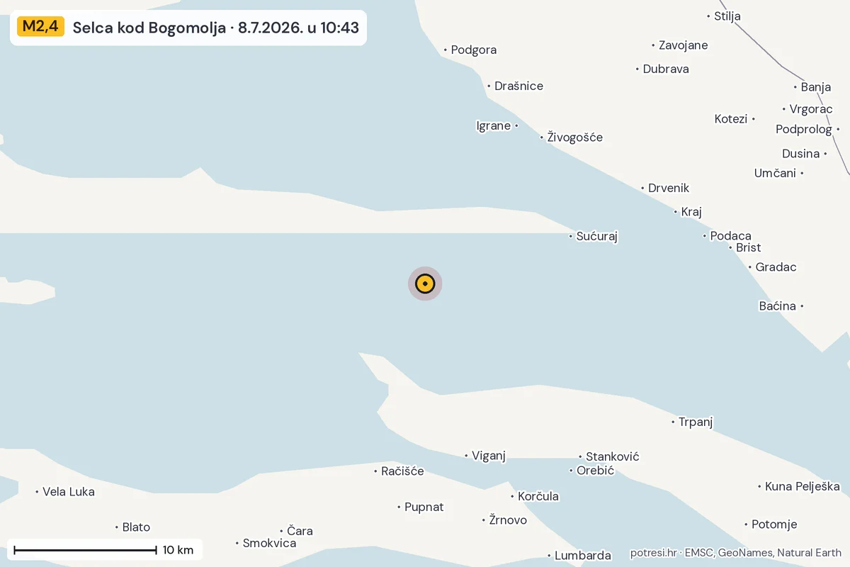 Karta: okolica epicentra, 60 km, potres M2,4, Selca kod Bogomolja, 8.7.2026.
