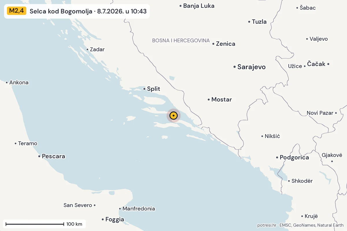 Karta: šire područje, 600 km, potres M2,4, Selca kod Bogomolja, 8.7.2026.