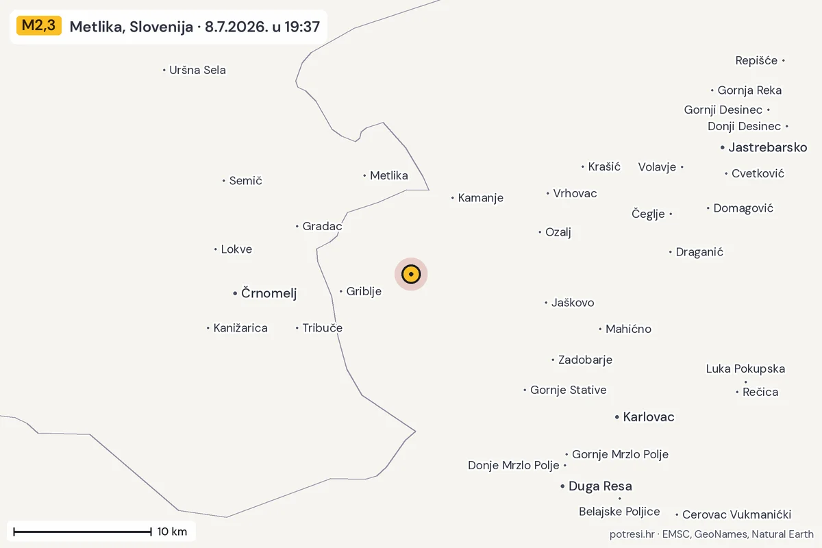 Karta: okolica epicentra, 60 km, potres M2,3, Metlika, Slovenija, 8.7.2026.