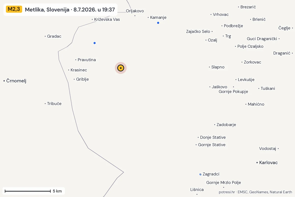 Karta: izvješća građana, potres M2,3, Metlika, Slovenija, 8.7.2026.