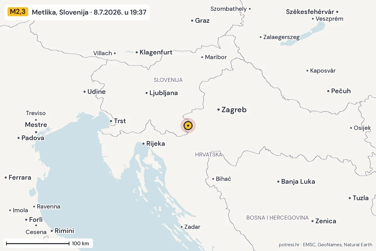 Karta: šire područje, 600 km, potres M2,3, Metlika, Slovenija, 8.7.2026.