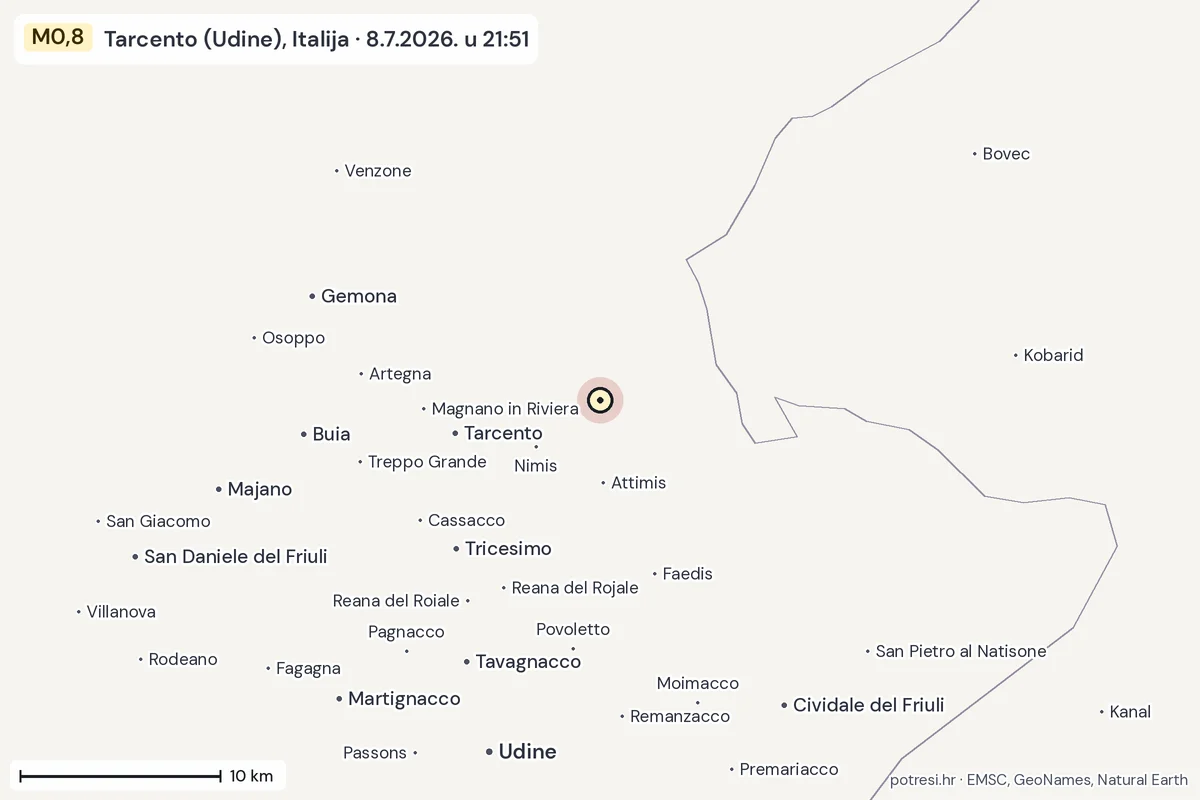Karta: okolica epicentra, 60 km, potres M0,8, Tarcento (Udine), Italija, 8.7.2026.