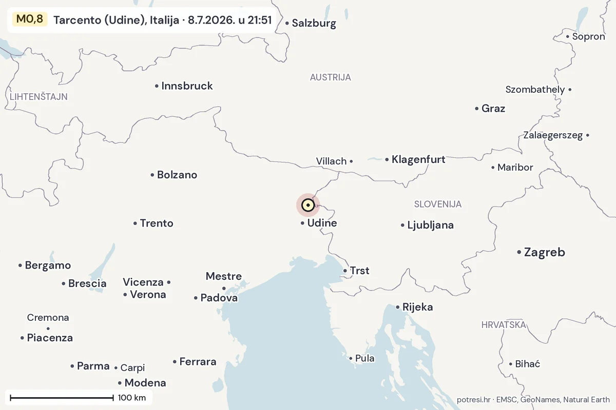 Karta: šire područje, 600 km, potres M0,8, Tarcento (Udine), Italija, 8.7.2026.