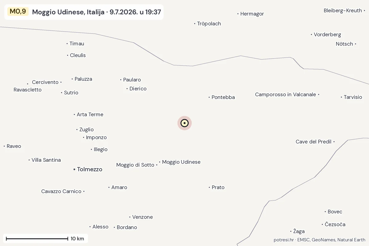 Karta: okolica epicentra, 60 km, potres M0,9, Moggio Udinese, Italija, 9.7.2026.