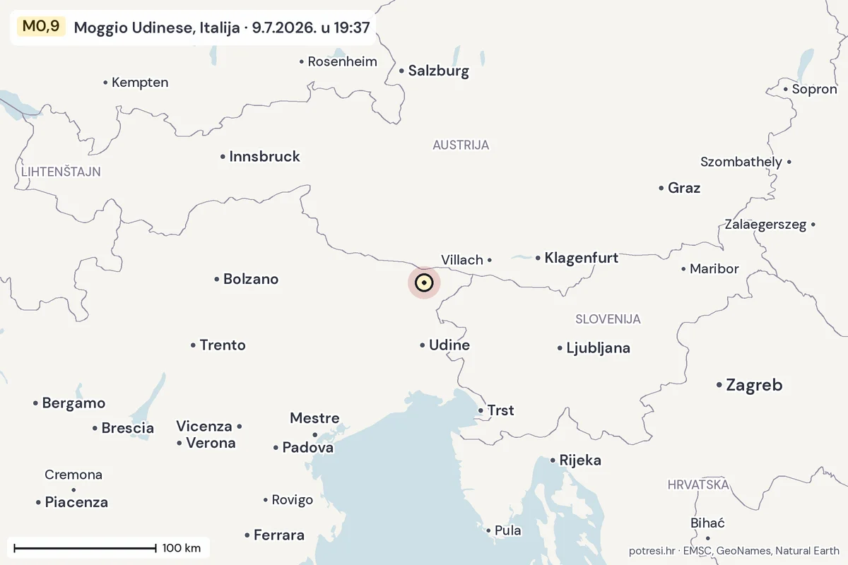 Karta: šire područje, 600 km, potres M0,9, Moggio Udinese, Italija, 9.7.2026.
