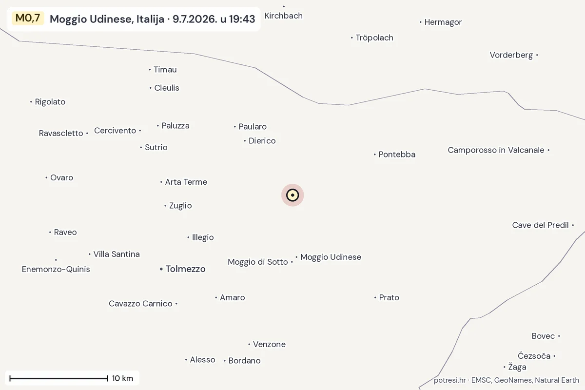 Karta: okolica epicentra, 60 km, potres M0,7, Moggio Udinese, Italija, 9.7.2026.