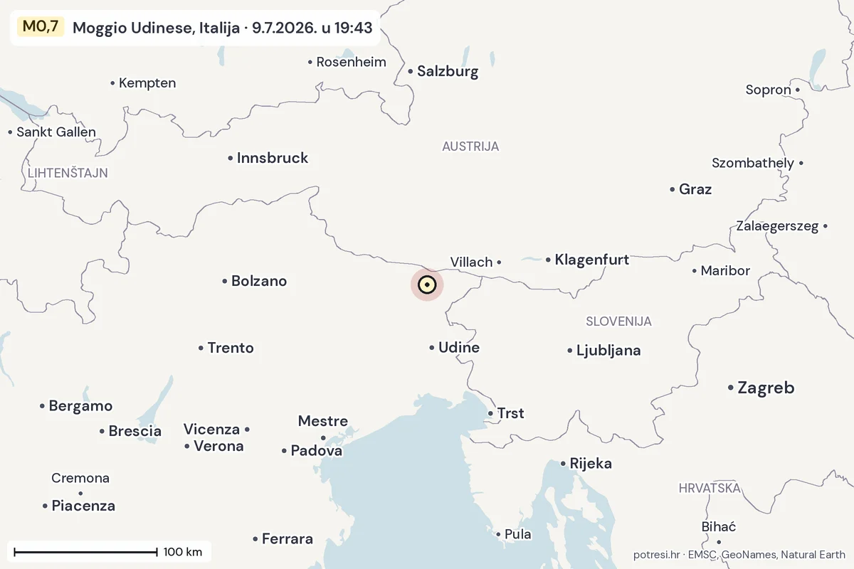 Karta: šire područje, 600 km, potres M0,7, Moggio Udinese, Italija, 9.7.2026.