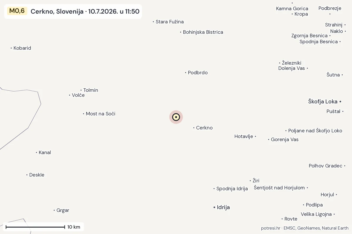 Karta: okolica epicentra, 60 km, potres M0,6, Cerkno, Slovenija, 10.7.2026.