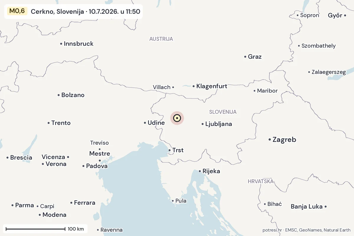 Karta: šire područje, 600 km, potres M0,6, Cerkno, Slovenija, 10.7.2026.