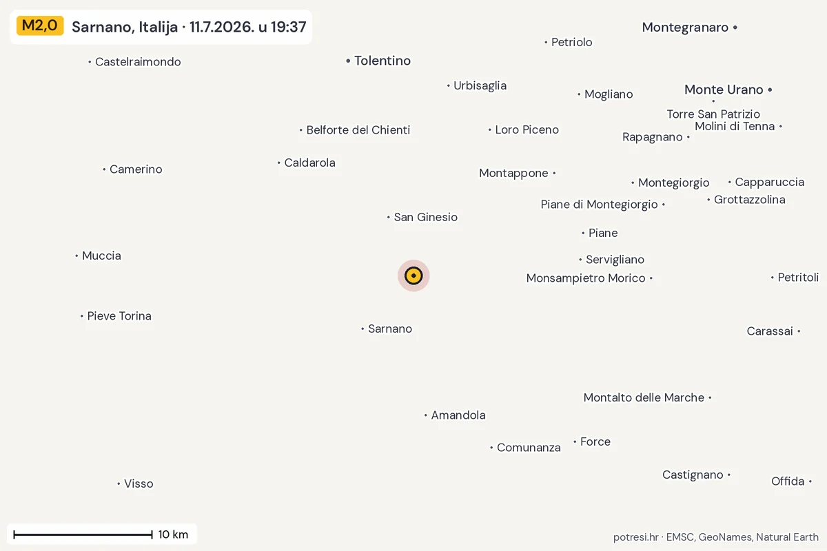 Karta: okolica epicentra, 60 km, potres M2,0, Sarnano, Italija, 11.7.2026.
