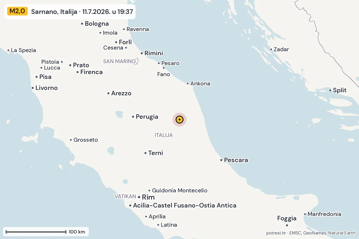 Karta: šire područje, 600 km, potres M2,0, Sarnano, Italija, 11.7.2026.