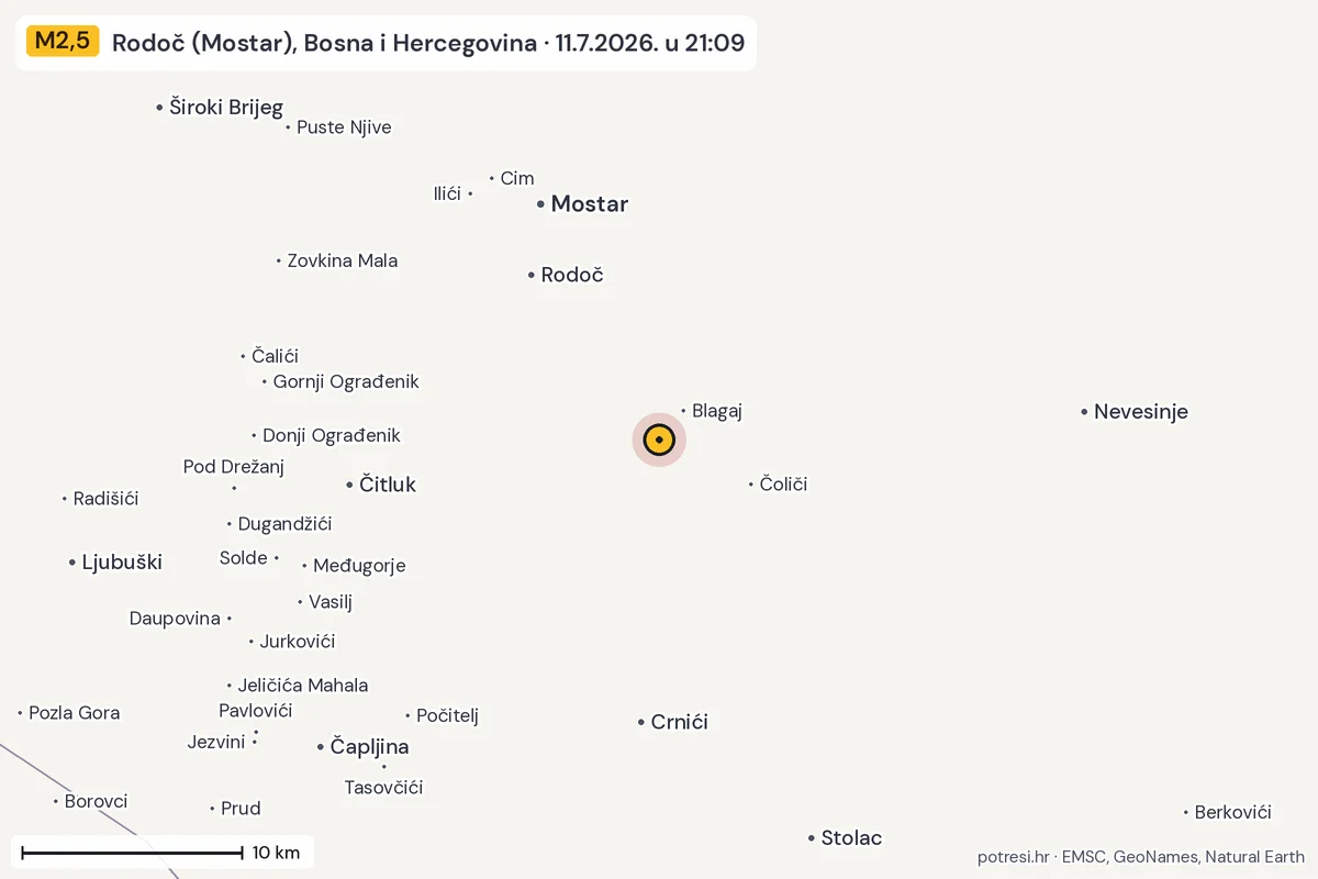 Karta: okolica epicentra, 60 km, potres M2,5, Rodoč (Mostar), Bosna i Hercegovina, 11.7.2026.