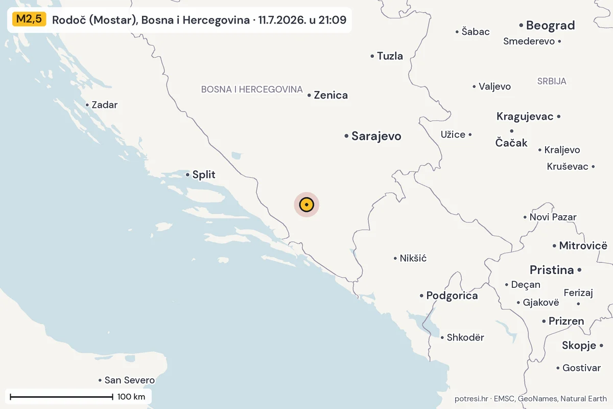 Karta: šire područje, 600 km, potres M2,5, Rodoč (Mostar), Bosna i Hercegovina, 11.7.2026.