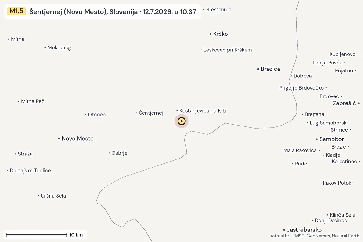 Karta: okolica epicentra, 60 km, potres M1,5, Šentjernej (Novo Mesto), Slovenija, 12.7.2026.