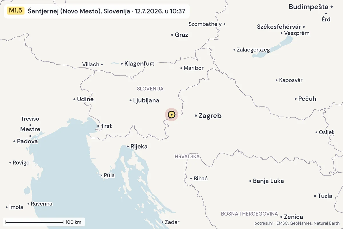 Karta: šire područje, 600 km, potres M1,5, Šentjernej (Novo Mesto), Slovenija, 12.7.2026.