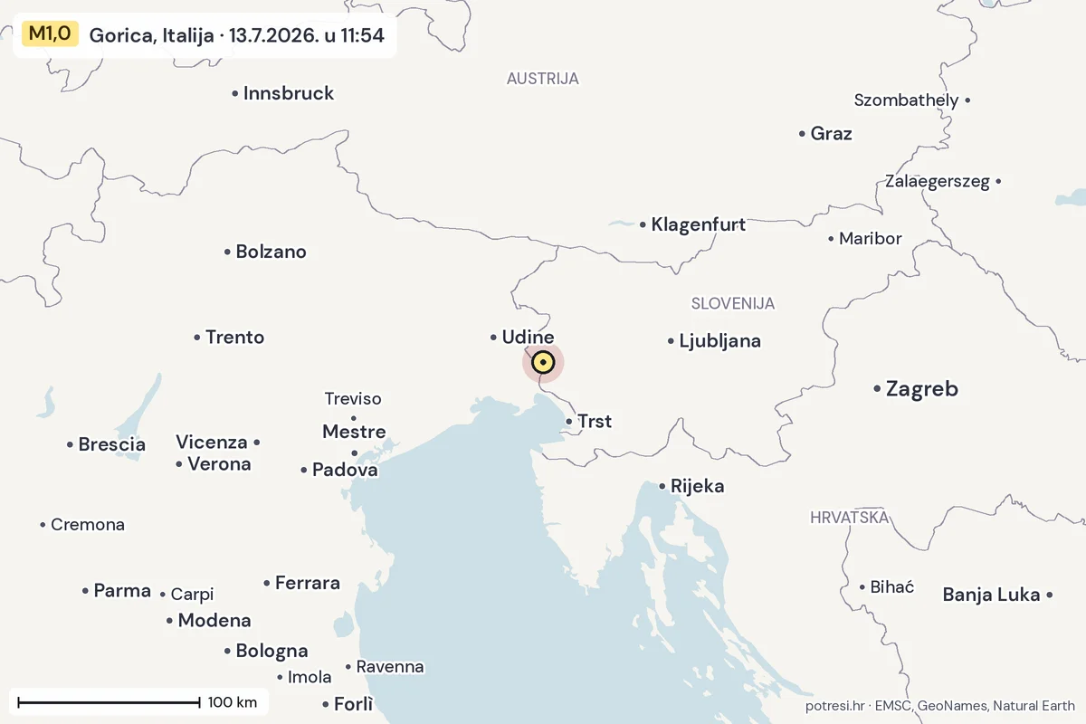 Karta: šire područje, 600 km, potres M1,0, Gorica, Italija, 13.7.2026.