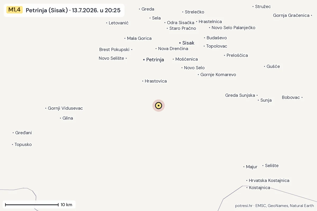 Karta: okolica epicentra, 60 km, potres M1,4, Petrinja (Sisak), 13.7.2026.