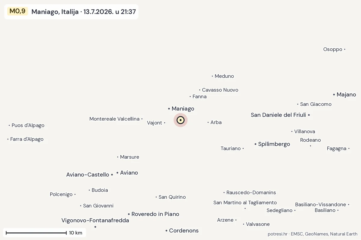 Karta: okolica epicentra, 60 km, potres M0,9, Maniago, Italija, 13.7.2026.