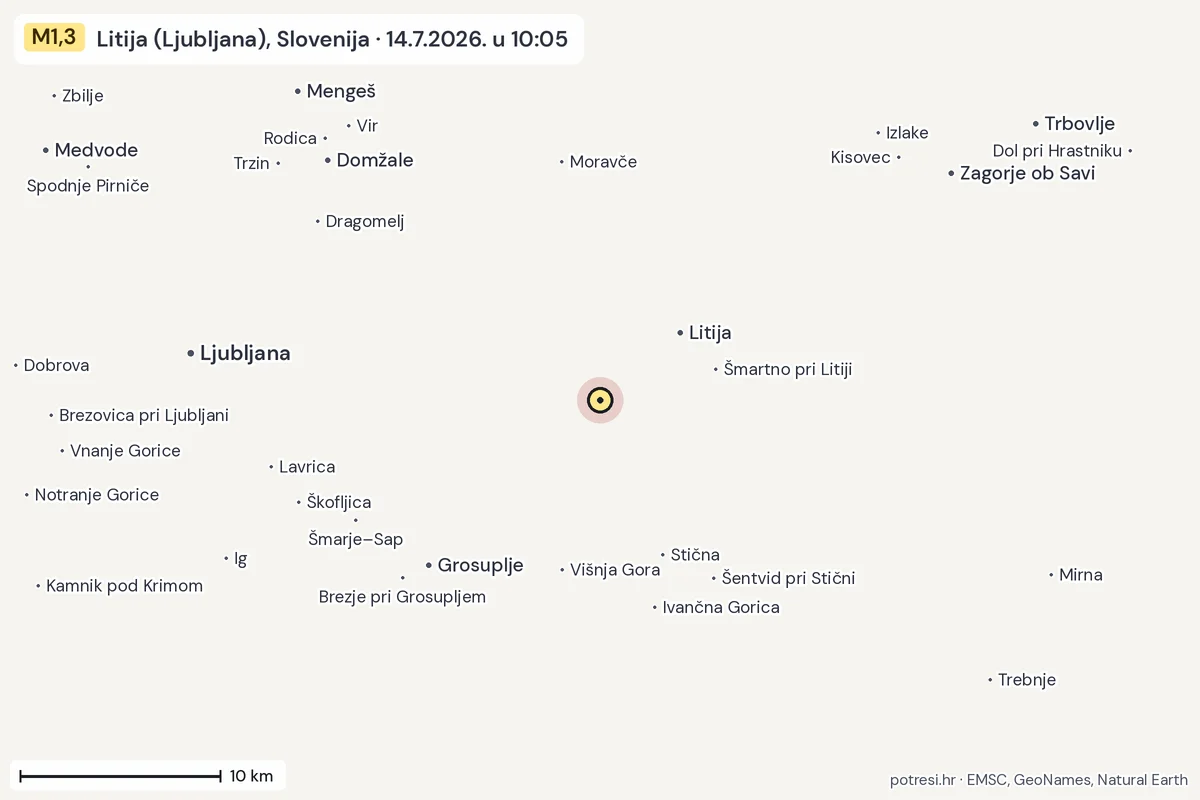 Karta: okolica epicentra, 60 km, potres M1,3, Litija (Ljubljana), Slovenija, 14.7.2026.