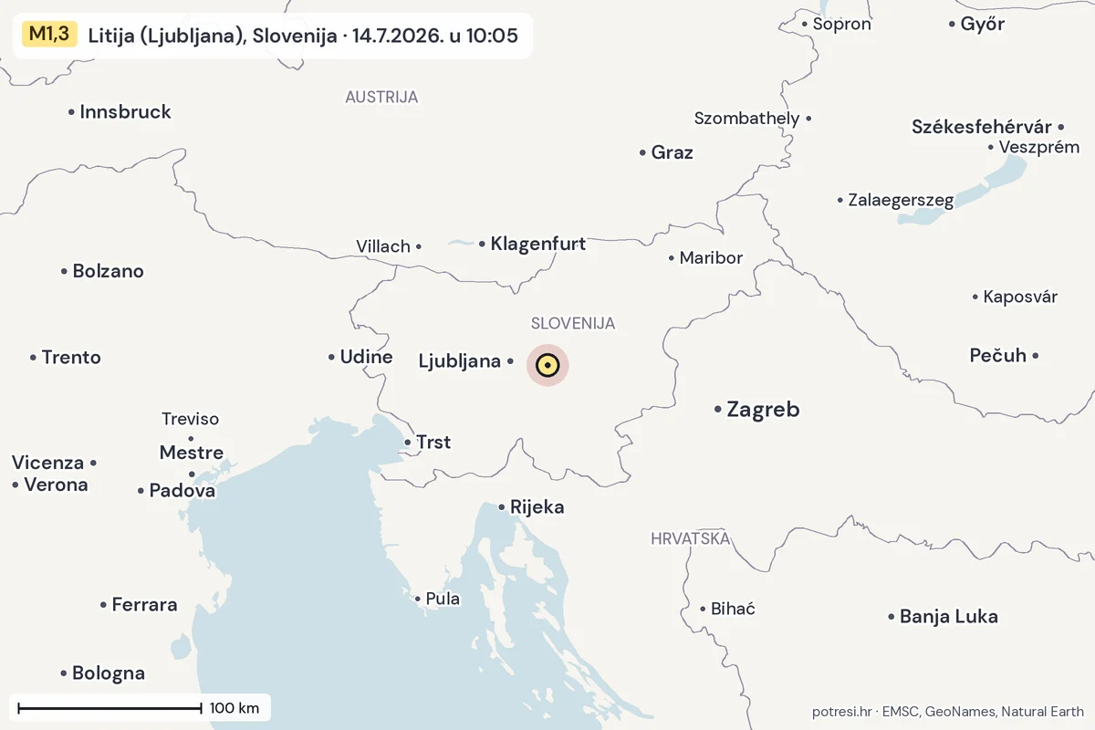 Karta: šire područje, 600 km, potres M1,3, Litija (Ljubljana), Slovenija, 14.7.2026.