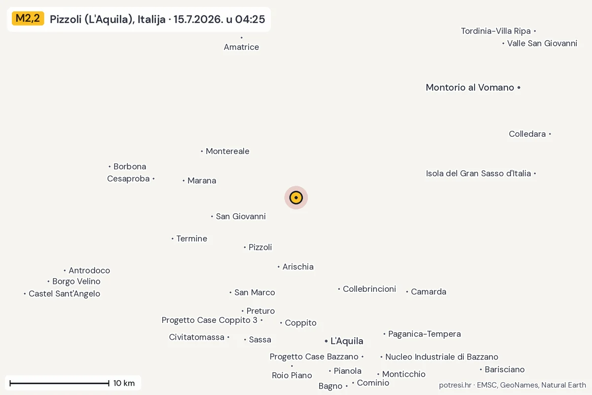 Karta: okolica epicentra, 60 km, potres M2,2, Pizzoli (L'Aquila), Italija, 15.7.2026.