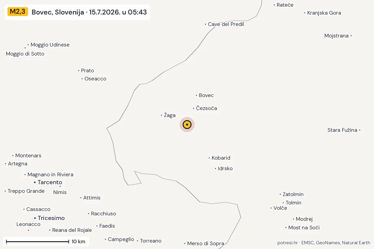 Karta: okolica epicentra, 60 km, potres M2,3, Bovec, Slovenija, 15.7.2026.