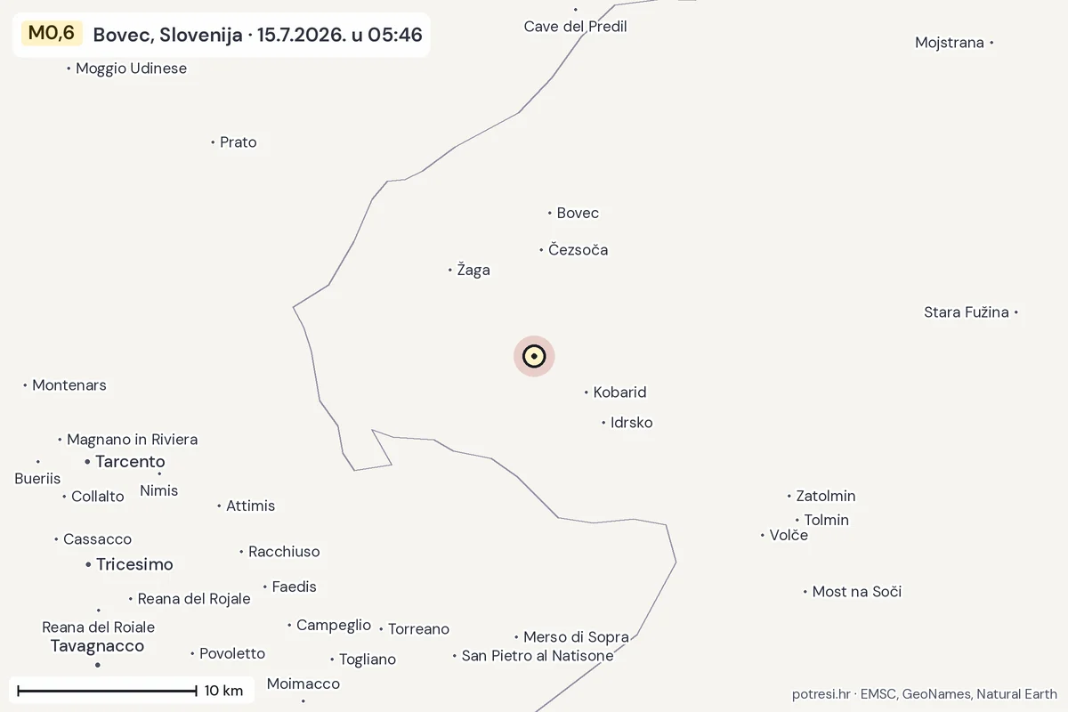 Karta: okolica epicentra, 60 km, potres M0,6, Bovec, Slovenija, 15.7.2026.