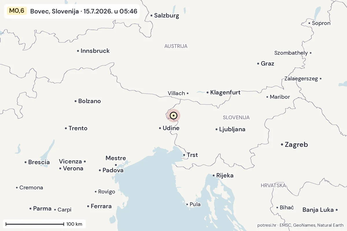 Karta: šire područje, 600 km, potres M0,6, Bovec, Slovenija, 15.7.2026.