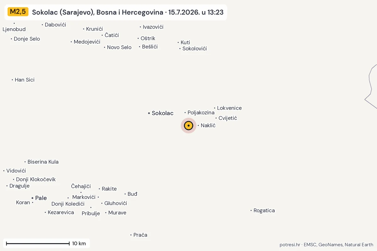 Karta: okolica epicentra, 60 km, potres M2,5, Sokolac (Sarajevo), Bosna i Hercegovina, 15.7.2026.